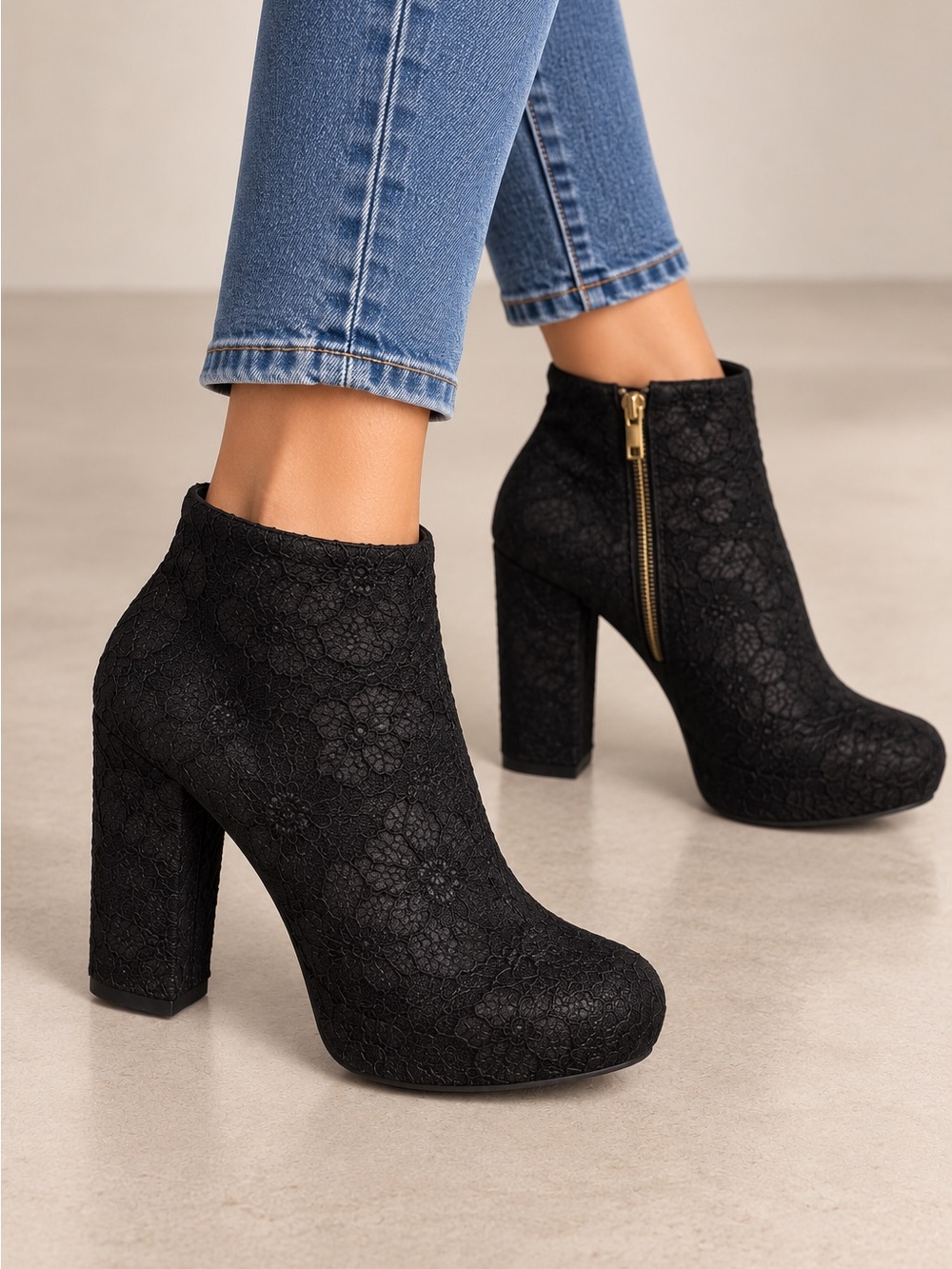 Women's Black Lace Block Heel Ankle Boots